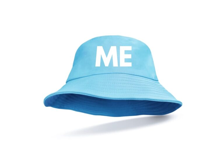 Blue hat with ME design.